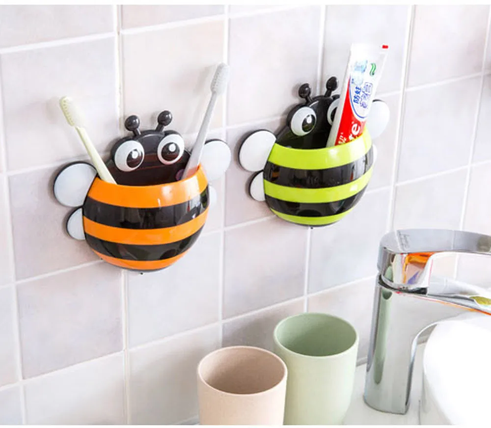 

17cmx15.4cm Storage Boxes Cute Bee Wall Mounted Toothbrush Holder Children Sucker Toothpaste Bathroom Cases Accessories Sep1