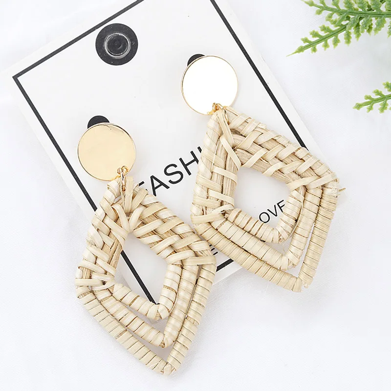 

AENSOA Unique Geometric Rhombus Hollow Drop Earrings For Women Summer Korea Handmade Layered Rattan Straw Braid Bamboo Earring