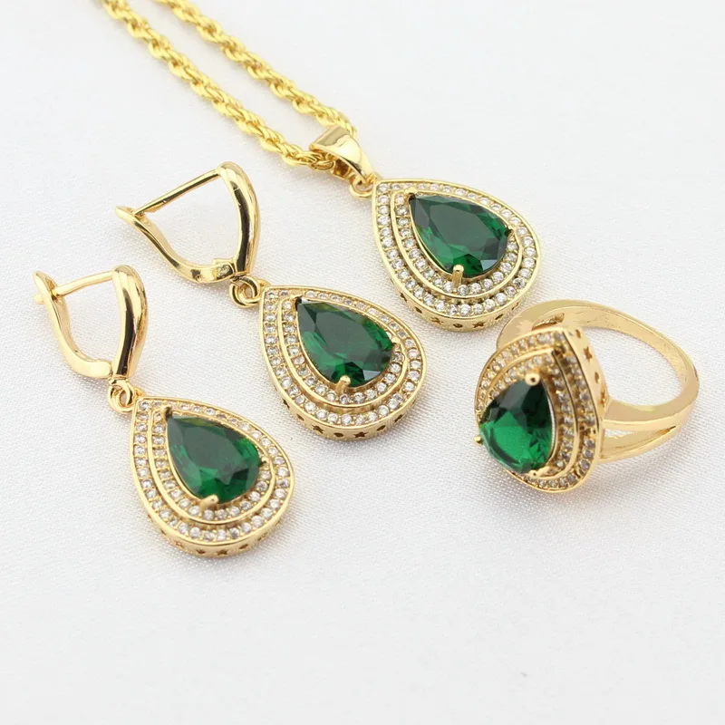 WPAITKYS Gold Color Jewelry Sets For Women Green Created Emerald White