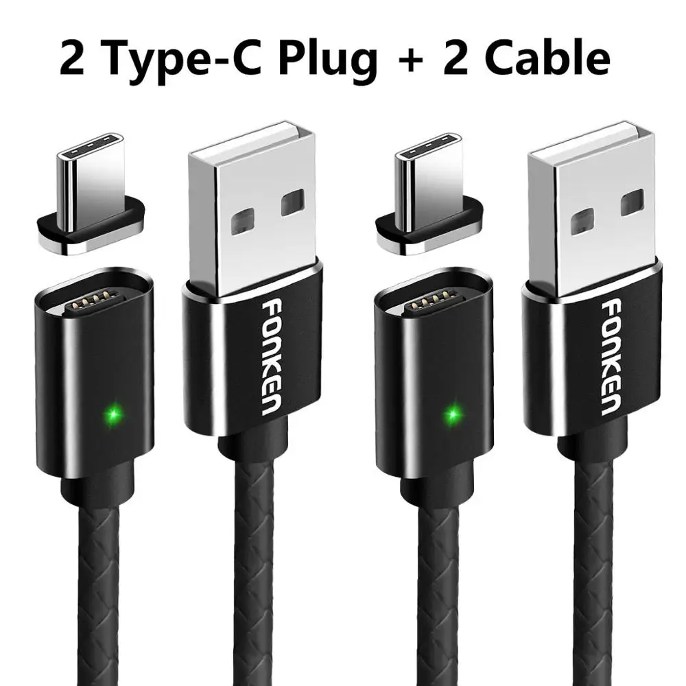 Магнитный кабель FONKEN type-C, магнитный кабель USB C для телефона, 1 м, 2,4 А, светодиодный, для мобильного зарядного устройства, Тип C, двусторонний шнур для зарядки, кабель для синхронизации данных - Цвет: 2 Plug 2 Black Cord