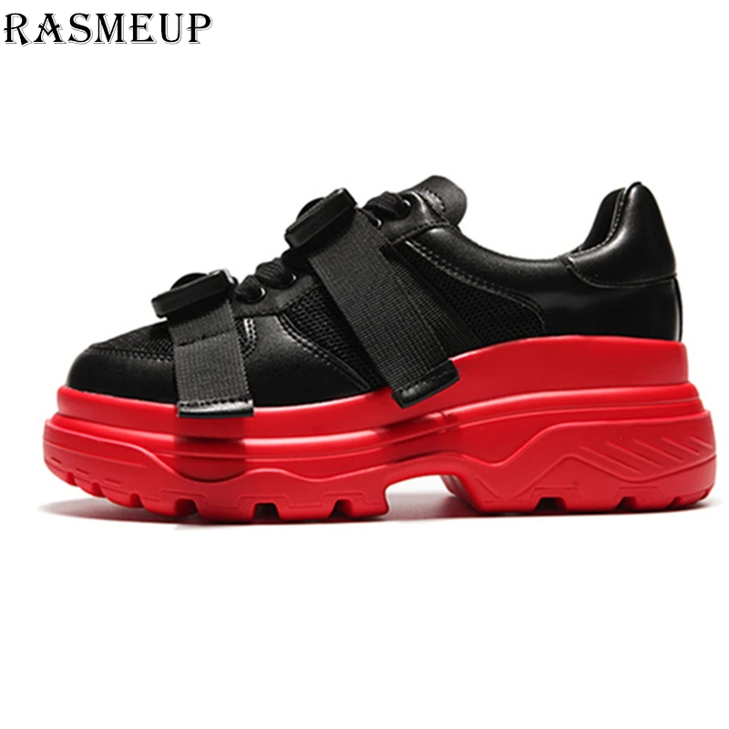 RASMEUP Véritable En Cuir Maille Femmes de Plate-Forme Sneakers 2019 Mode Femmes Blanc Noir Papa chaussures pour femme décontracté Chunky Formateurs - 1