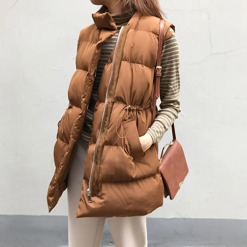 

Autumn Winter 2019 Women Jacket Vest Black White Sleeveless Cotton Long Vest Casual Ladies Pure Color Warm Waistcoat Outerwear