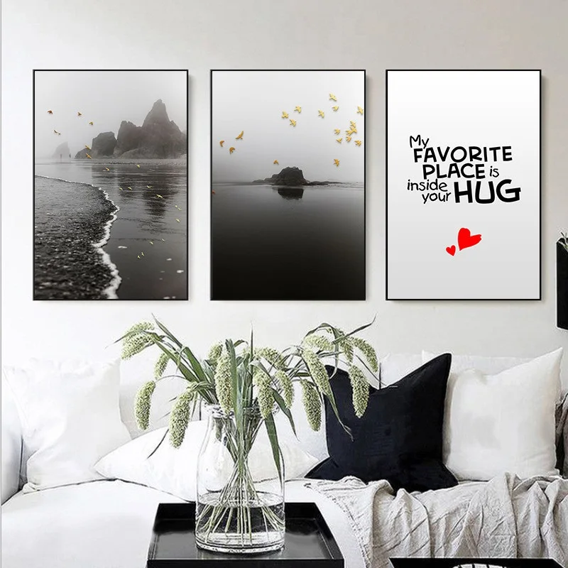 

Nordic Art Poster Black White Landscape Canvas Painting Wall Scenery Gold Bird Pictures for Living Room Home Decoration Unframed