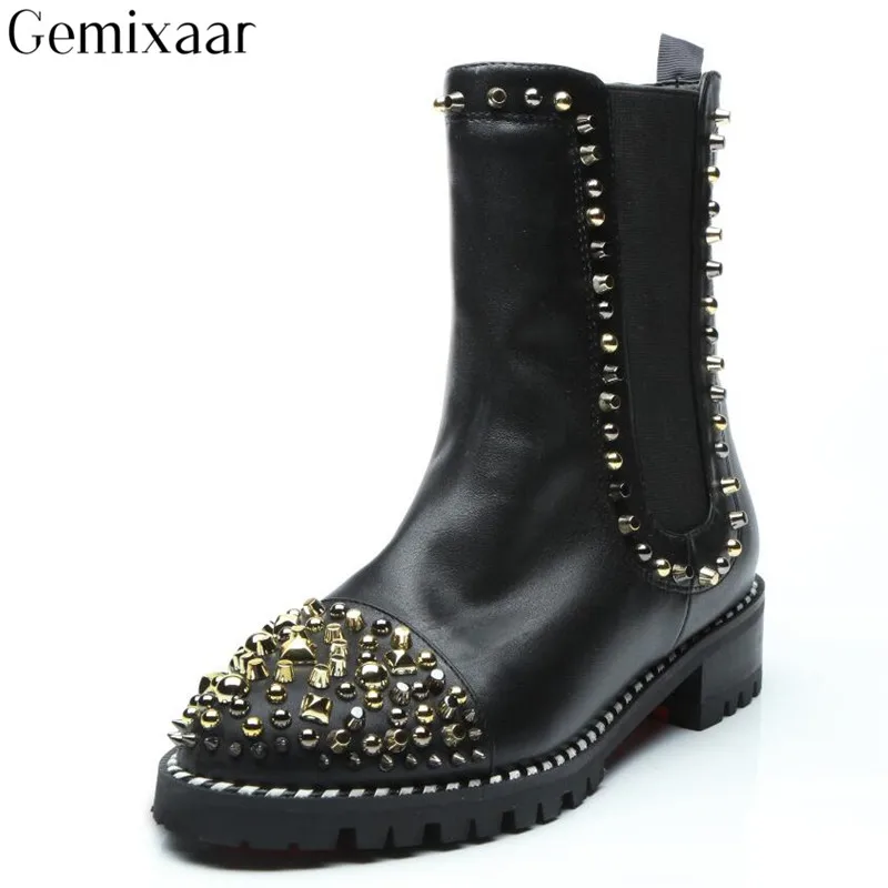 

Retro Black Round Toe Studded Rivet Plat Riding Women Botas Casuel Elastic Ankle Boots Solid Fashion Rivet Ankle Women Shoes