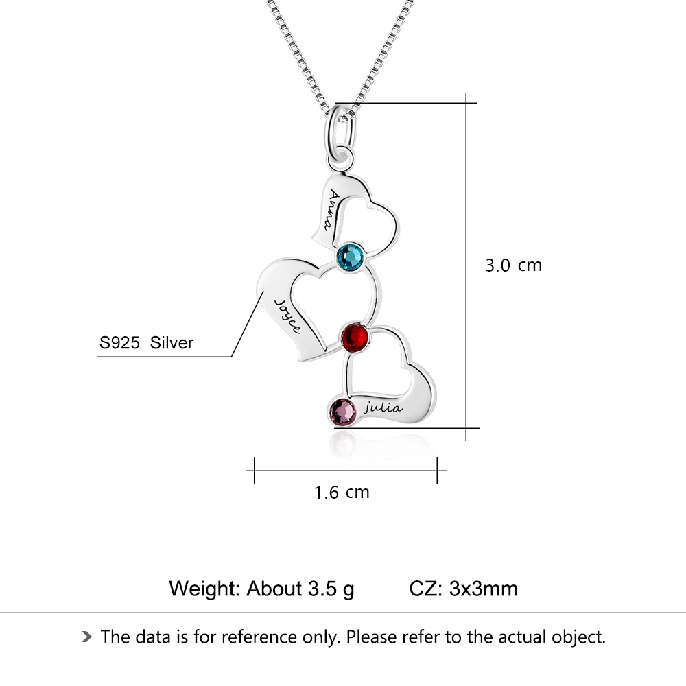 3 сердца полые Дизайн персонализированные выгравировать имя ожерелье камень рождения 925 пробы серебряные ожерелья и подвески(JewelOra NE102367