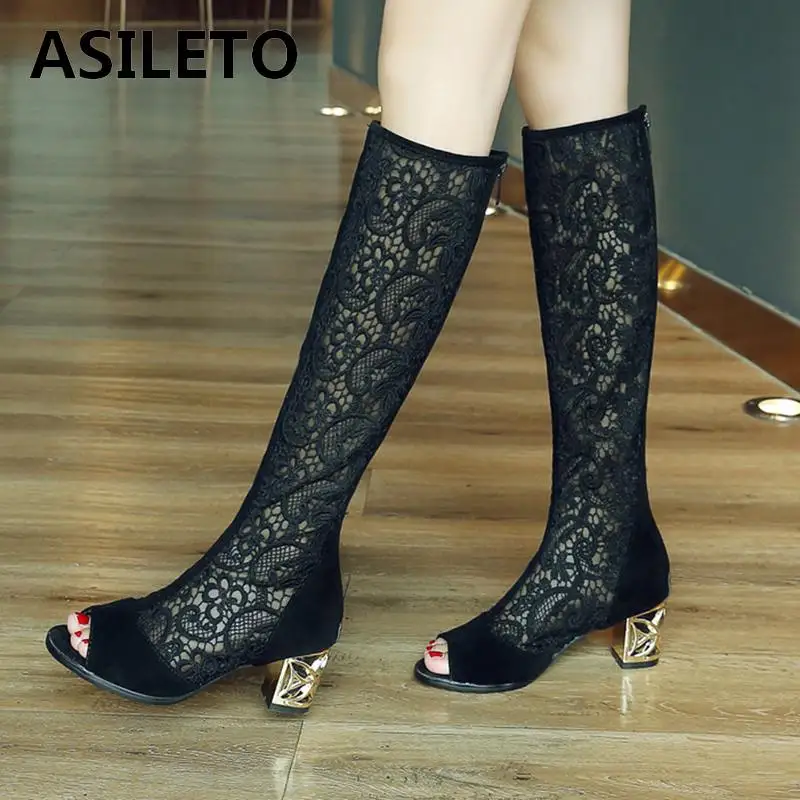 

ASILETO summer boots sandals Women knee boots high heels shoes sandalia mujer Peep toe booties cut out mesh breathable botas
