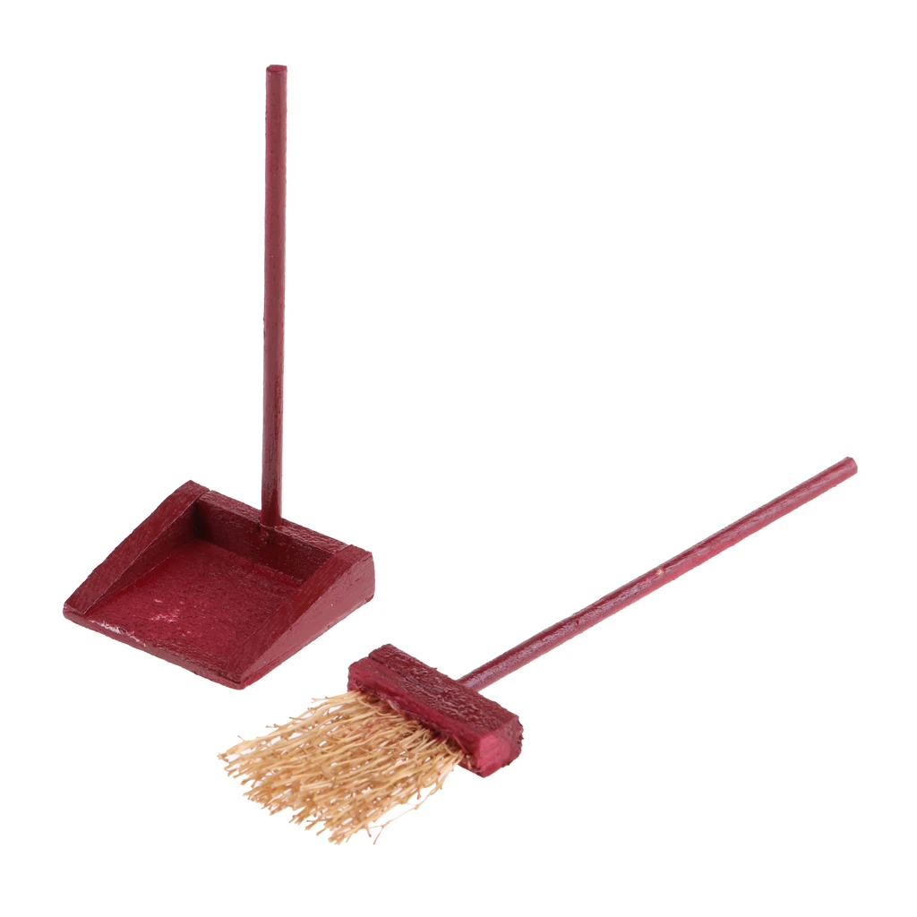 1/12 Wood Broom Dustpan Set Cleaning Tools for Dolls House Room Fairy Garden Accessories