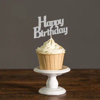

Gold/Silver/Black Glitter Script Happy Birthday Cupcake Toppers,Kid's Party Picks Decoration Favors Cake Decorations Supplies