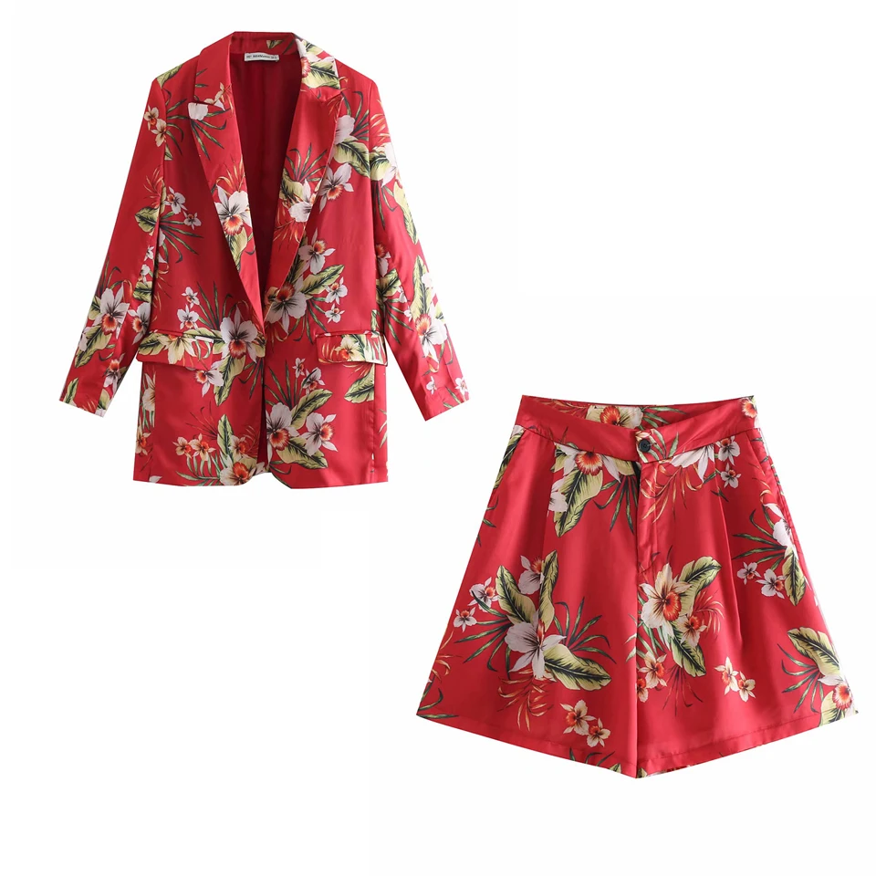 

Women Fashion Summer Loose Two pieces Sets Floral Print Cardigan Blazers Coats and Shorts Sets Female Streetwear Suits Sets