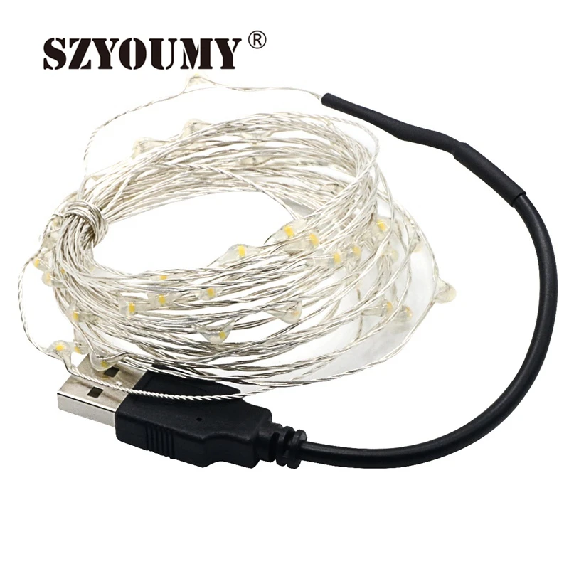 SZYOUMY 16.4FT 5 м 50 светодиодный микро водонепроницаемый серебристо-медный провод светодиодный Сказочный свет 5 в управляемый через USB Свадебный