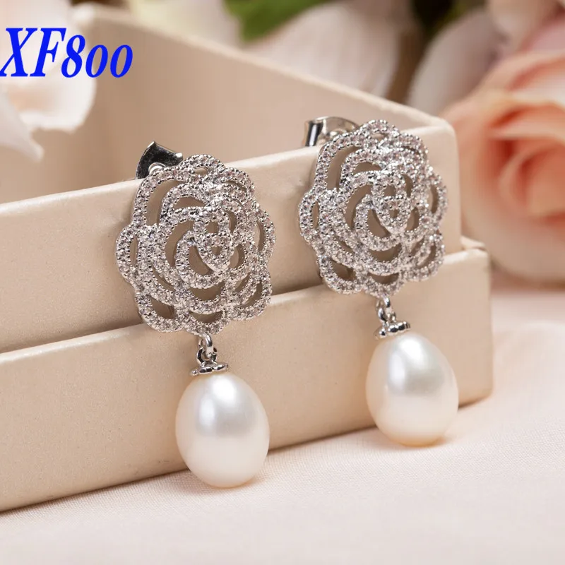 

XF800 Brand 925 sterling silver pearl drop earrings,8-9mm natural freshwater pearl earrings best gift for women E1211