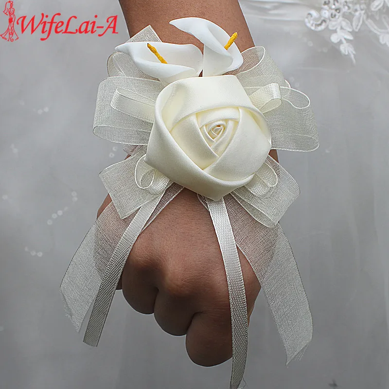 Wifelai-a1 pcs/lot Ivory Silk Rose Flowers PE Calla Lily Wrist Flowers Bride Ribbon Wedding Corsage Hand Flowers