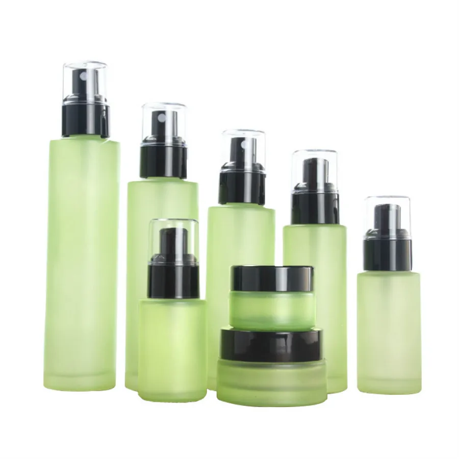 

50pcs green glass lotion essential oil empty bottle perfume spray bottle black cover cream jar cosmetic container 120ml 100ml