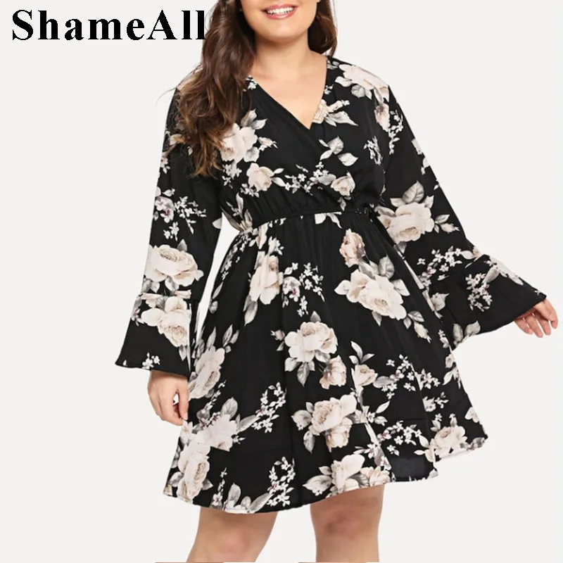 

Plus Size Multicolor Floral Women Dresses 4Xl 5Xl Elegant Long Sleeve High Waist A Line Dress Ladies V Neck Flower Print Dress