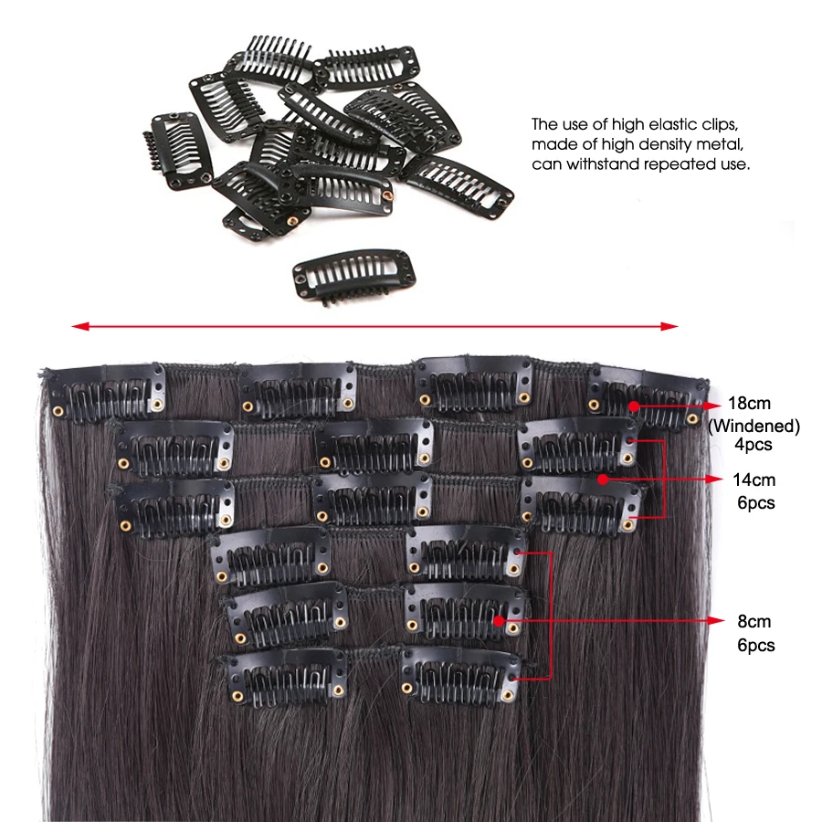 Leeons 16 colors 16 clips Long Straight Synthetic Hair Extensions Clips in High Temperature Fiber Black Blonde Hairpiece
