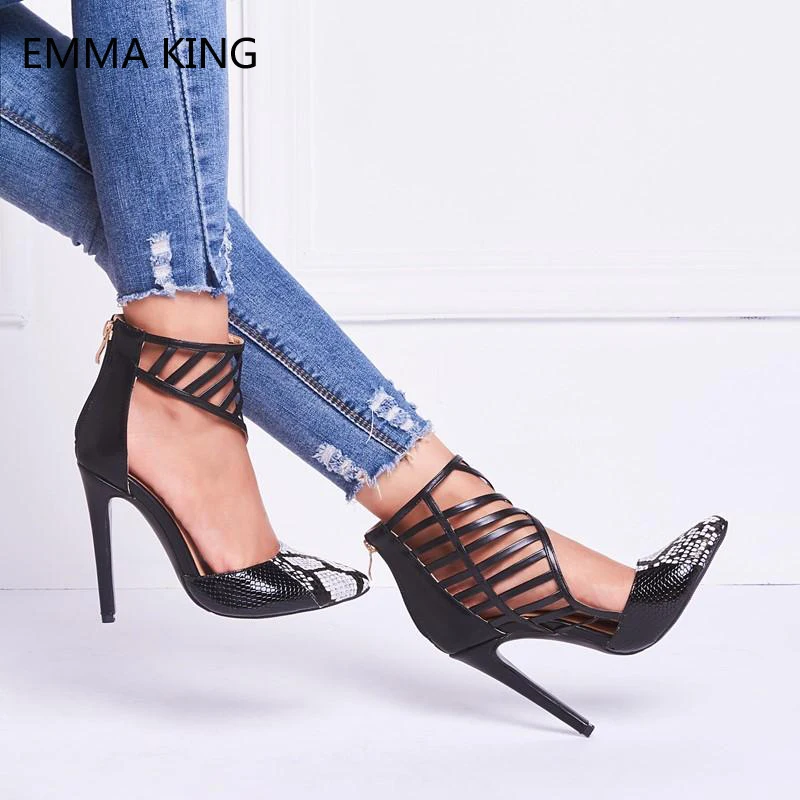 

Summer Pumps Women Black Snakeskin Zipper Stilettos High Heels Female Sexy Shallow Pointy Leather Wedding Party Shoes For Ladies