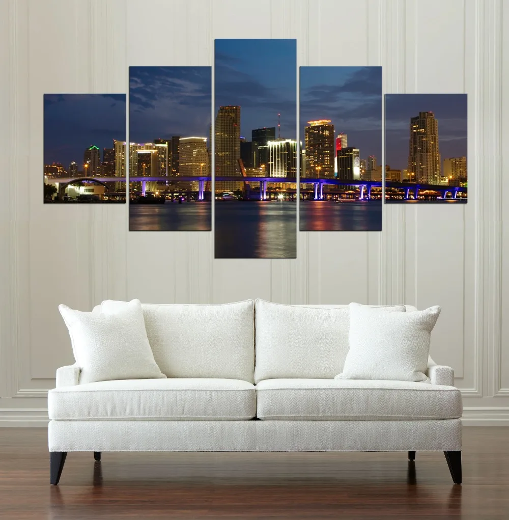 Miami Malam Panorama Kanvas Lukisan Wall Art Permainan 5 