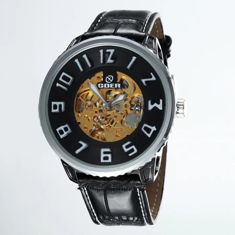 GOER brand Fashion watches men Leather waterproof Luminous Skeleton Automatic mechanical male digital Wrist watches