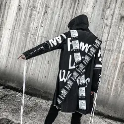 Уличная пальто для мужчин хип хоп Ветровка Длинные куртки верхняя одежда ленты Мода 2019 г. с капюшоном Свободные пиджаки для J0214