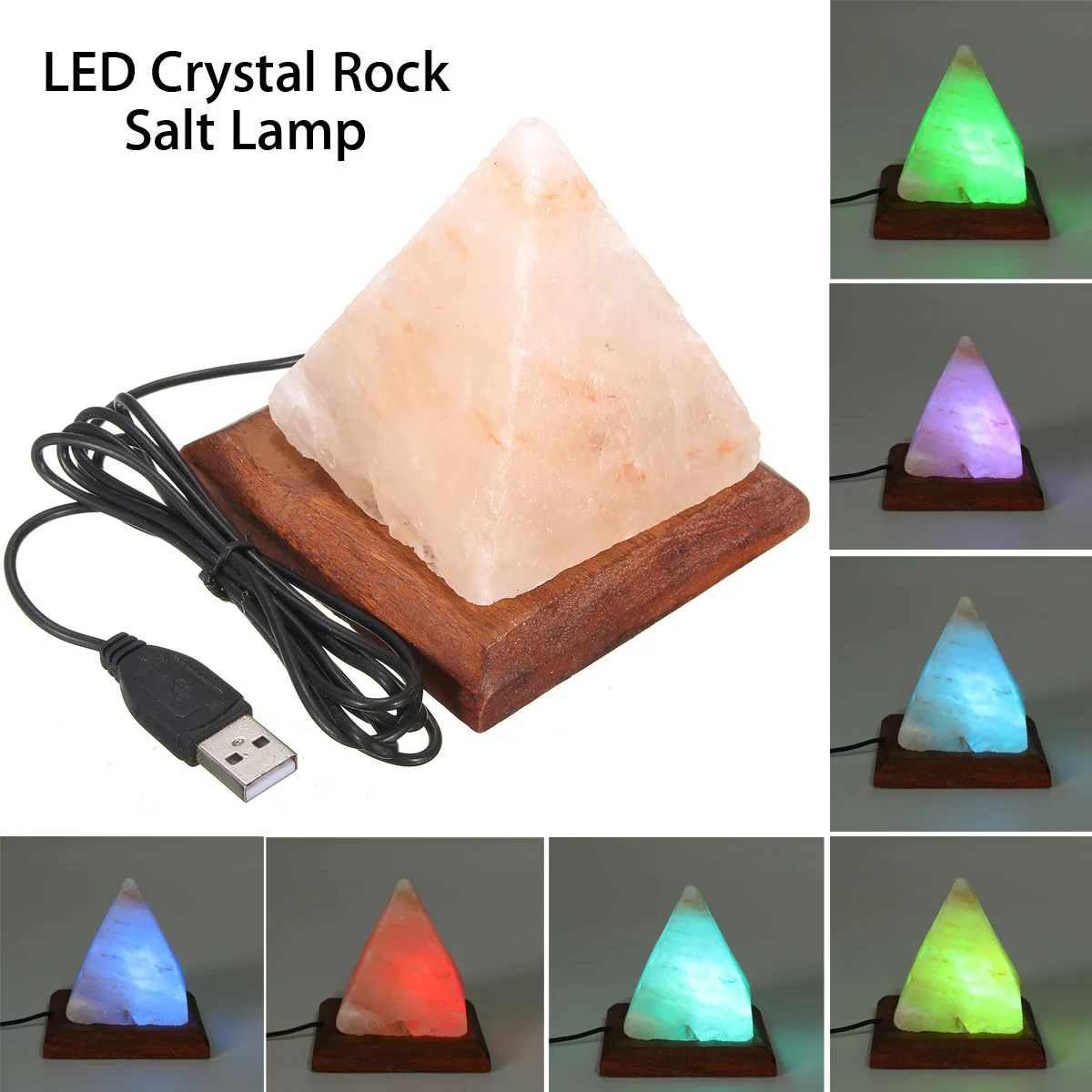 

Smuxi Triangle Hand Carve Light Colorful USB Salt Lamp Pyramid Air Purifier Crystal Night Light Wooden Base Table Light for Home