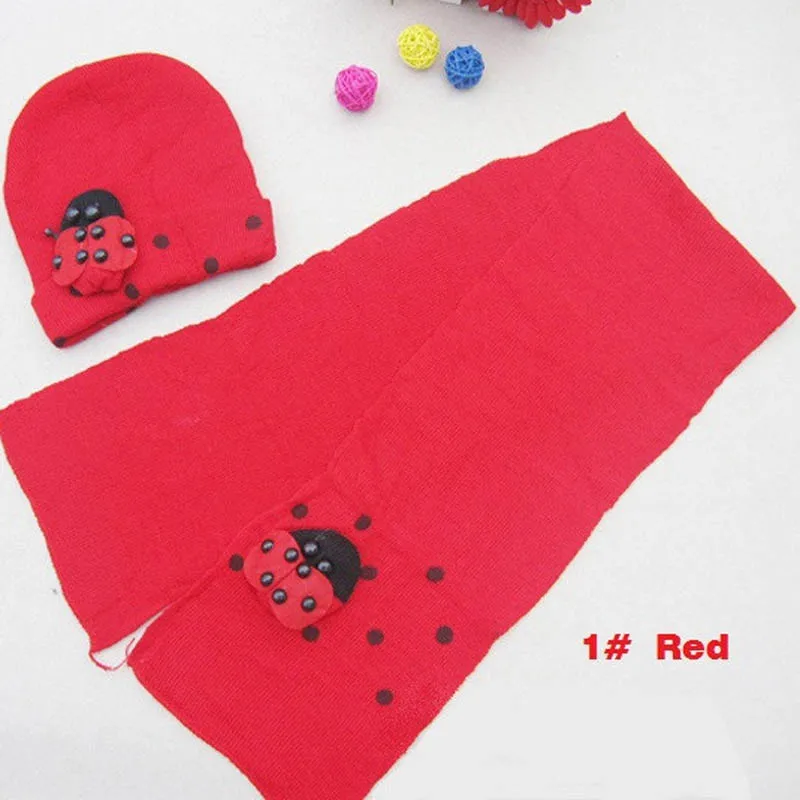 Детская шапка с божьей коровкой и шарф, комплект, детская шапка, шарф, хлопковый детский головной убор с черепом+ шарф, детская зверошапка, детские шапки - Цвет: red