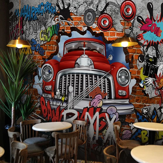 3D фото обои 3D персональные граффити обои машина ломающаяся стена обои бар lounge KTV box обои с настенной росписью для кафе