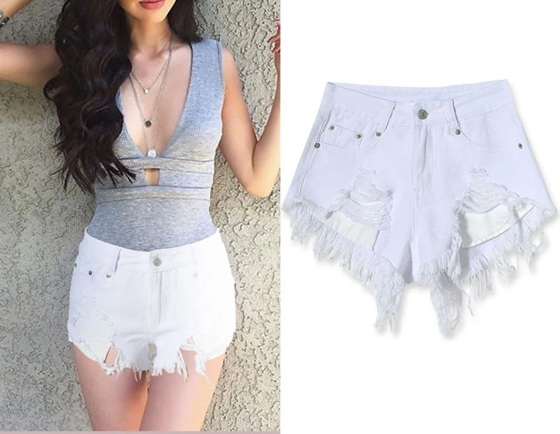  2017 Best Selling Women Pure White High Waist Slim Grinding Patch Holes Irregularly Exposed Jeans Pants Sexy Girl Denim Shorts (3)