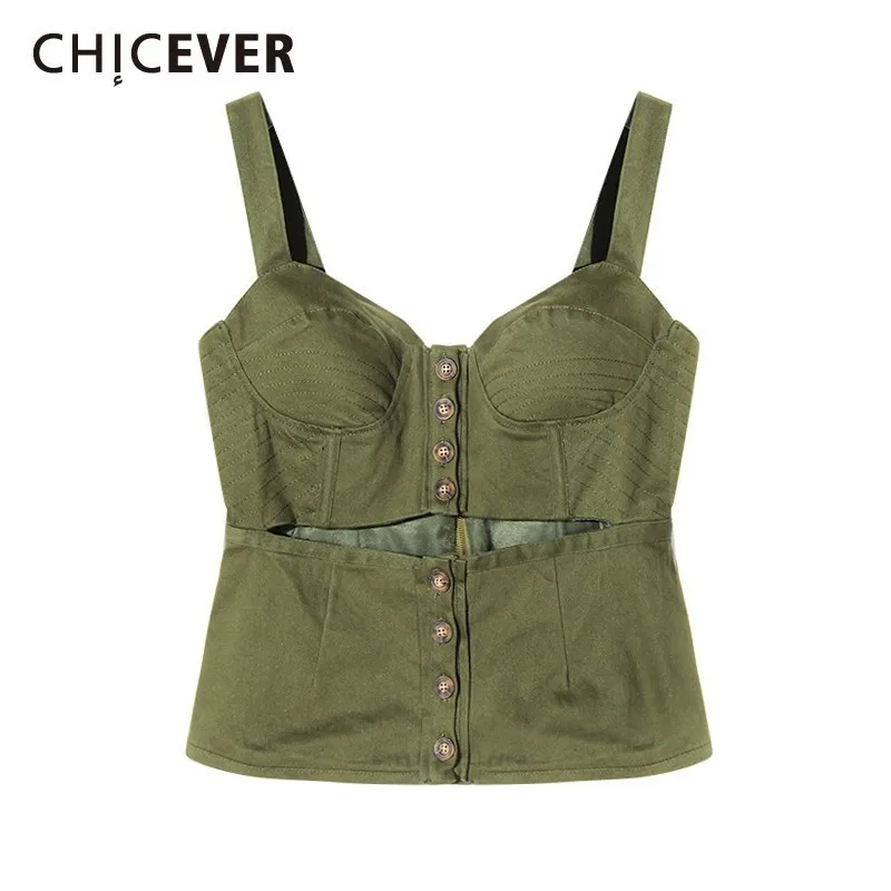 

CHICEVER Summer Green Camis Tops For Women Off Shoulder Backless Button Zipper Vest Clothes Female 2019 Fashion New Korean