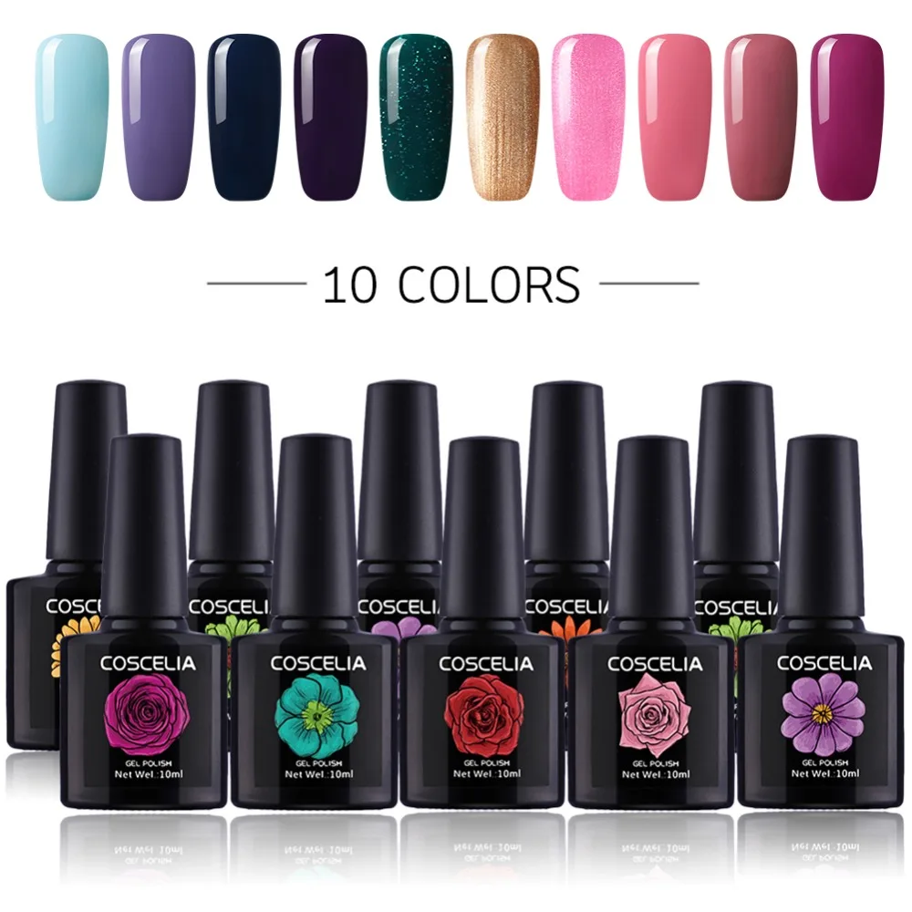 

COSCELIA 10 Colors Soak Off Nail Gel Polish Set For Manicure Long Lasting Varnish Semi Permanent Gel For Glitter Nail Art