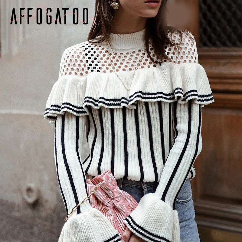Affogatoo Elegant o neck knitting striped sweater women Hollow out ruffled jumper 2018 Winter flounce sleeve casual pullover Sweaters