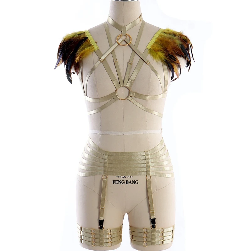 spesifikasi 1 Set Memanfaatkan Bulu Epaulette Bondage Lingerie Dada Straps dengan Sabuk Elastis Garter Kaki Memanfaatkan Setelan Modis Wanita Kostum