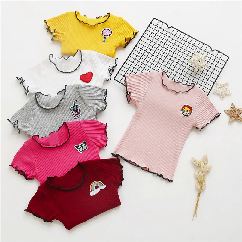 

Summer Girls T-Shirts Children's Clothing Short Sleeve T-Shirts For Girl Solid Color Baby Tops and Tee Baby Costume J23#