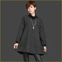 Женская Весенняя модная свободная водолазка плюс размер Хлопковая полосатая футболка Топы Женская Повседневная средняя длинная футболка с карманом