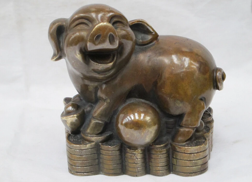 5"Chinese Feng shui Good luckly Bronze FOO PIG stand on Money wired statuestatue of liberty