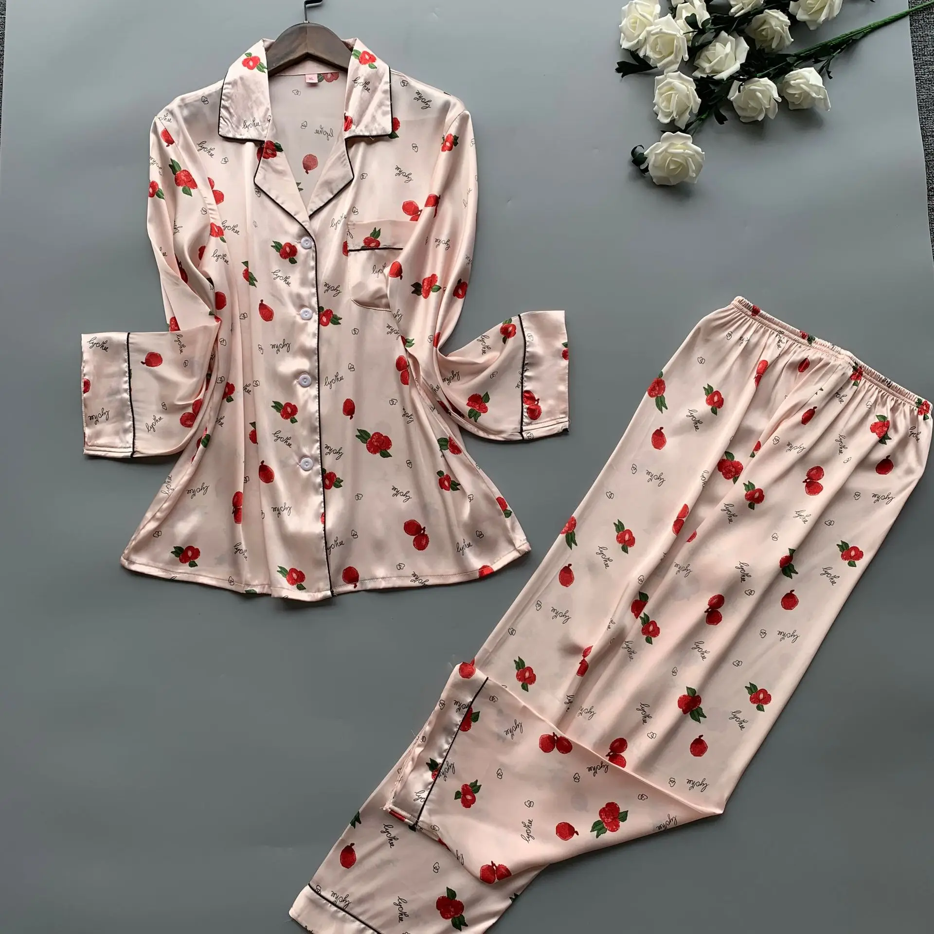 Сатиновая Пижама Для женщин пижамные комплекты с брюками Цветочный принт с длинным рукавом шелковая ночная рубашка пижама Mujer женские Nightsuit