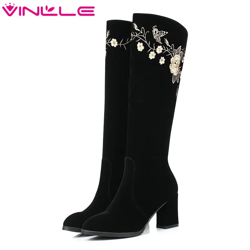 

VINLLE 2016 Women Boots Elegant Knee High Boots Embroidery Flower Square High Heel Ladies Autumn and Winter Boots Size 34-39