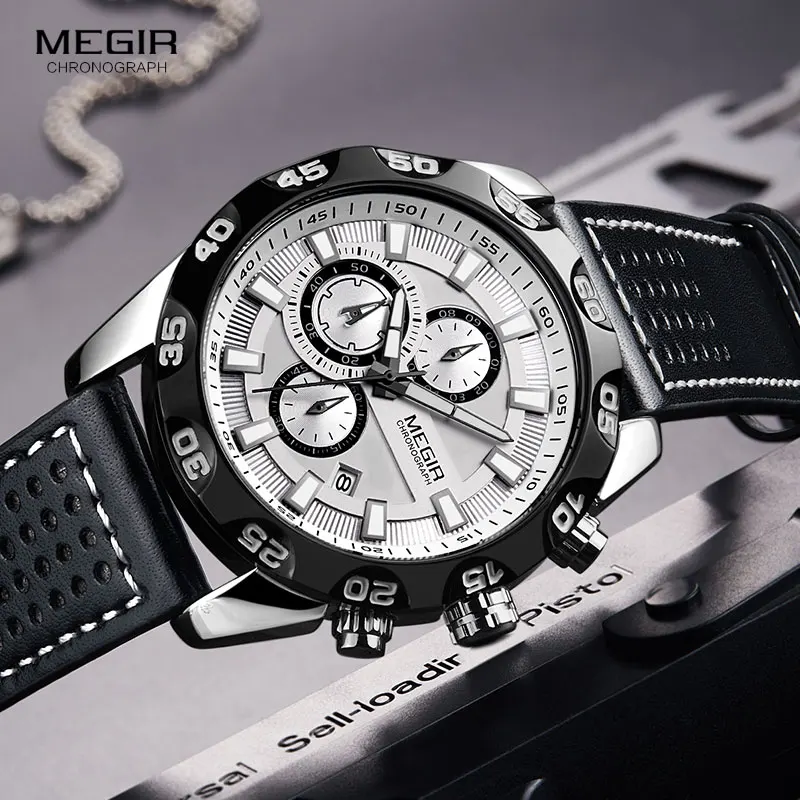 Megir мужские военные спортивные часы с кожаным ремешком Топ бренд хронограф 3 бар водонепроницаемые светящиеся наручные часы мужские 2096G белые