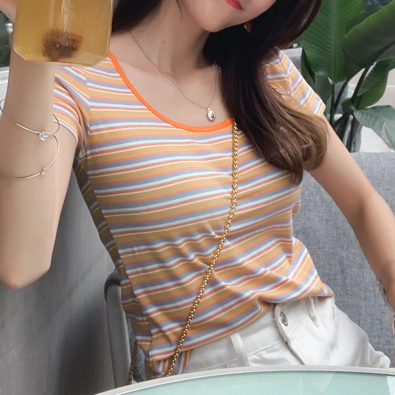 

Mishow 2019 Summer New Casual Horizontal Stripe Round Neck Short Sleeve Slim Fit Tops T Shirt Tees MX19B3507