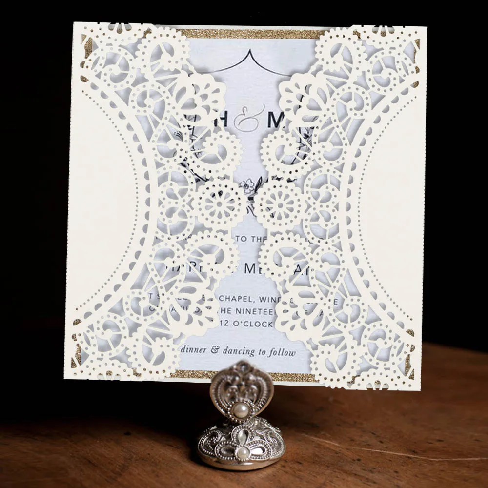  Lace Wedding Invitations Customized Invitations Unique Invitation Cards with Gold Liner - Set of 50 - 32877960232