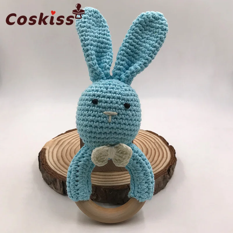 Baby Knit Rabbit Safety Wooden Natural Teething Ring Teether Bunny Sensory Toy