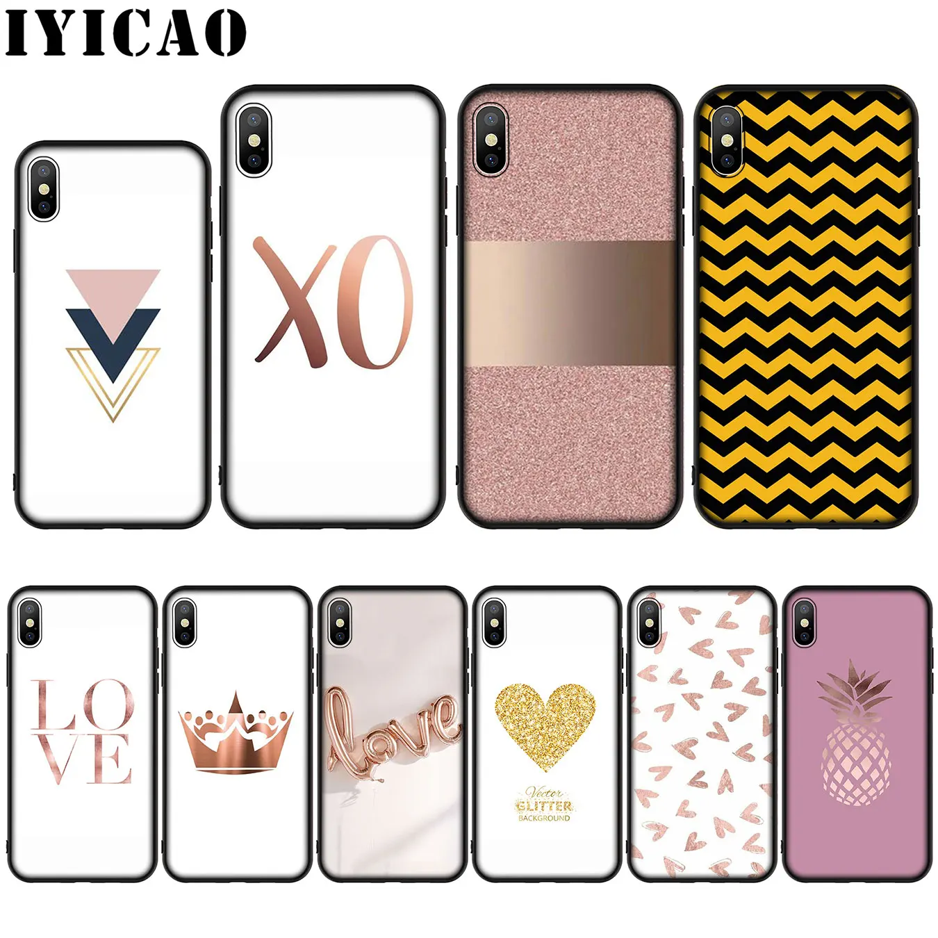 IYICAO Love Heart Pineapple Gold Rose Stripes Silicone Soft Case for iPhone XR X XS Max 8 7 6 6S Plus 5 5S SE Cover |