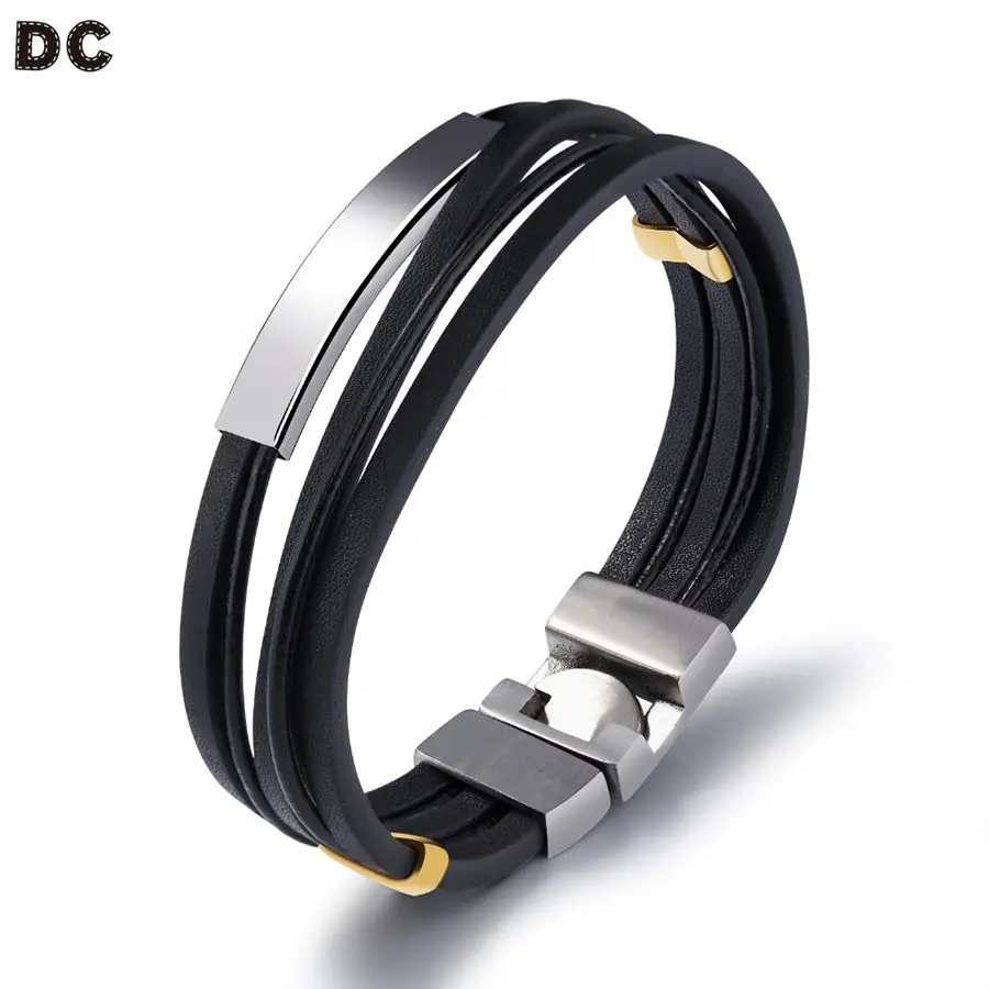 

DC 1pc Vintage Black Genuine Leather Bracelets Stainless Steel Tube Bracelet Bangles For Male Men Jewelry Gifts