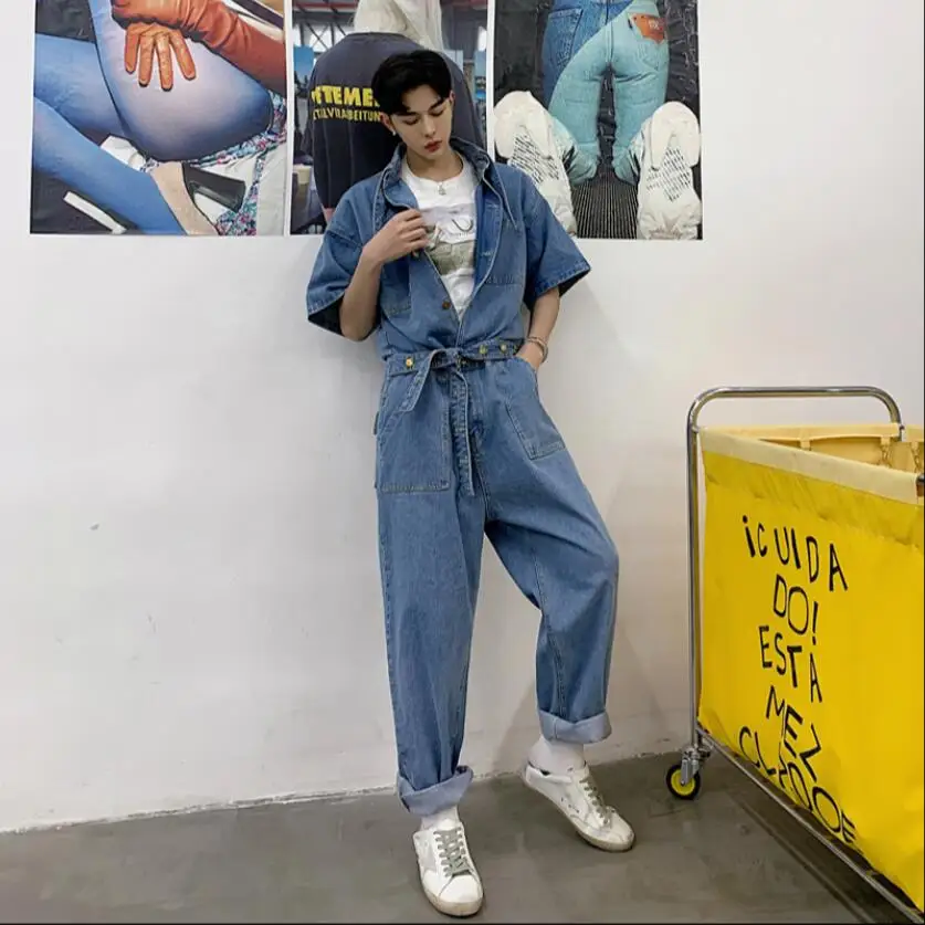 

M-xxl Summer New Men's Loose Tooling Denim Jumpsuit Youth Short-sleeved Jumpsuit Tide Hairstylist Overalls Jeans Singer Costumes