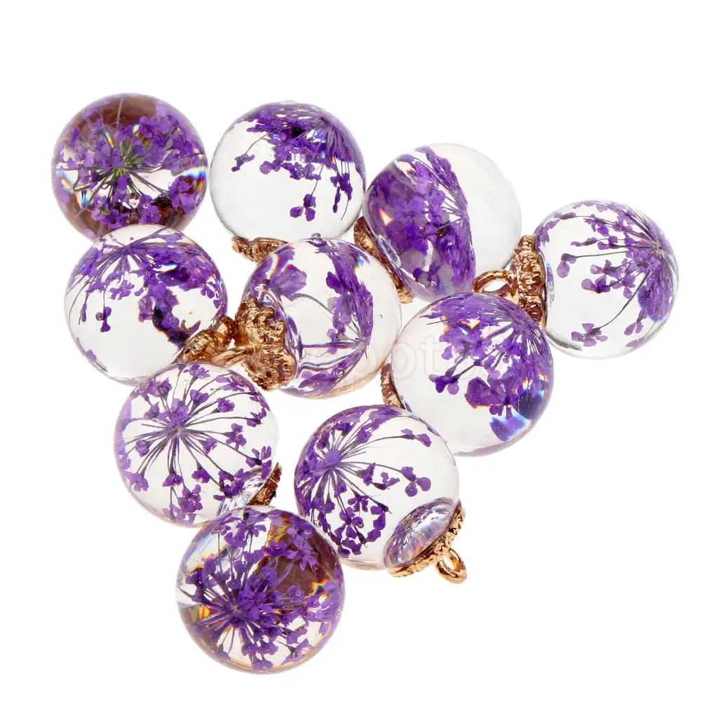 10pcs Dried Flower Glass Ball Pendant with Flower Cap DIY Earring Dangle Craft Findings Loose Beads