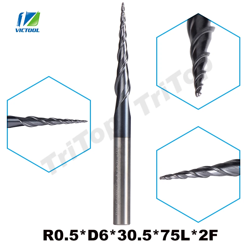 

2pcs/lot R0.5*D6*30.5*75L*2F HV3300 solid Tungsten carbide Coated Ball Nose Taper End Mill cone type cnc milling cutter tool