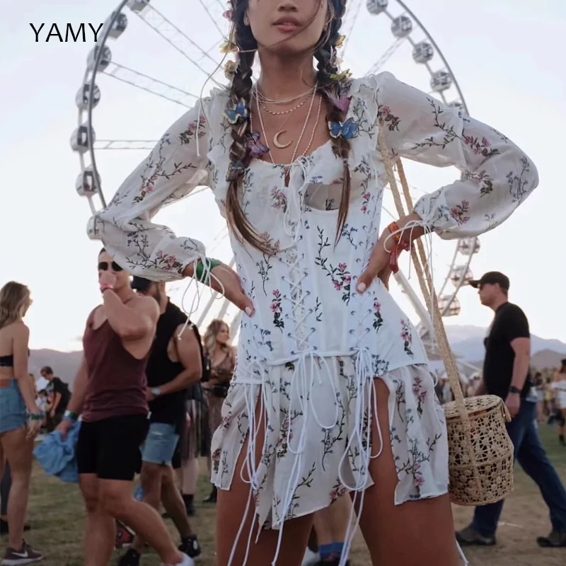 

Spring Long Sleeve Floral Dress V Neck Sexy Festival Party Dress Bohemian Boho White Lace Dress High Waist Ruffle Dress Korean
