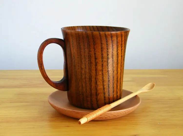 300ml Primitive Wooden Beer Mugs with Handle Natural Wood Mug Coffee Cup Tableware Kitchen Supply (6)