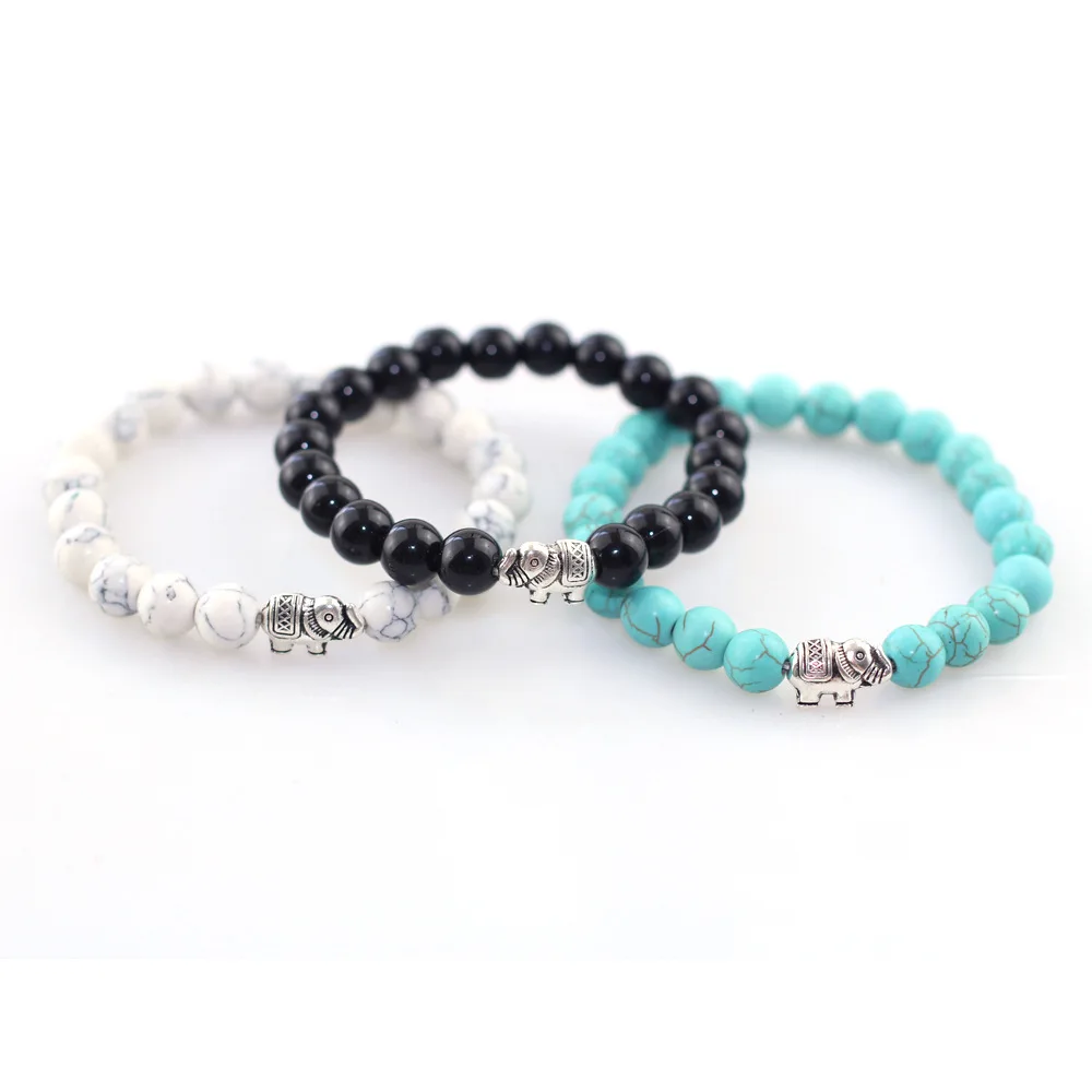 

2018 Fashion Couples Distance Beaded Bracelets Silver Alloy Elephant Obsidian Blue White Pine Stone Lucky Combination Bracelets