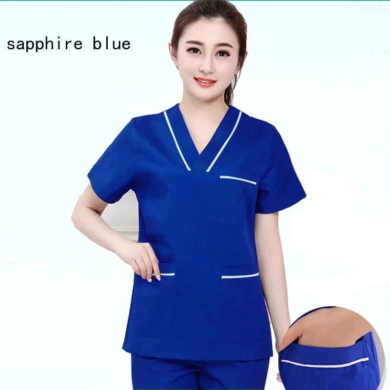 Women's Fashion Medical Uniforms Pure Cotton Color Blocking V Neck Side Vent Shirt or Trousers with Elastic Waist and Drawstring