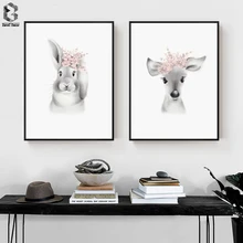 Cute Baby Animal Deer Canvas Art Print and Poster, Nursery Woodlands Rabbit Canvas Painting Nordic Wall Picture Home Decor cute women s satchel with rabbit print and canvas design